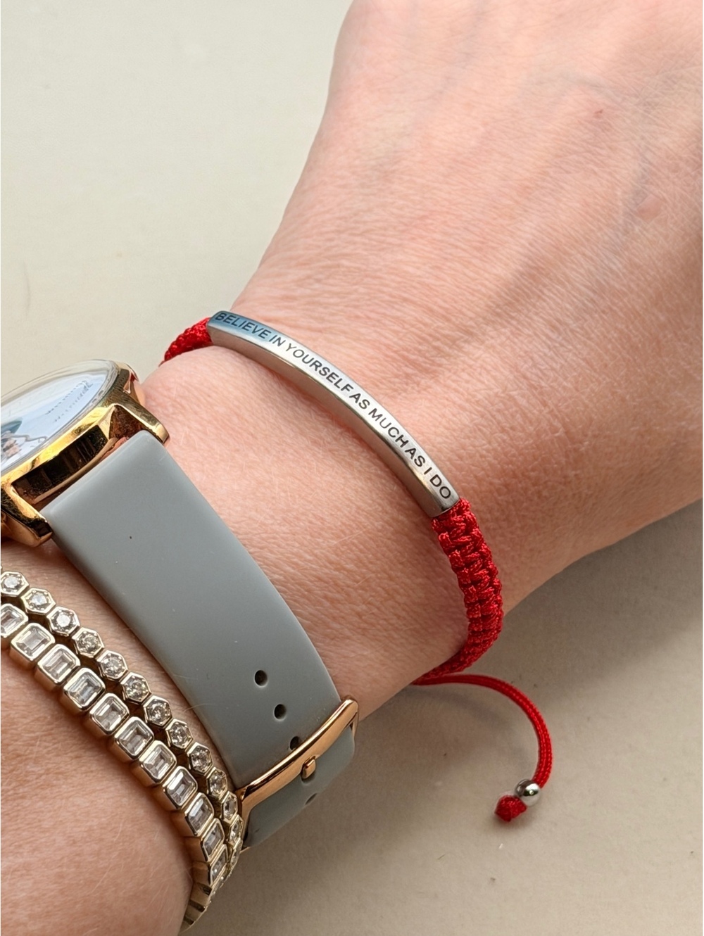 Inspiration Co red cord “Believe in yourself as much as I do” bar bracelet